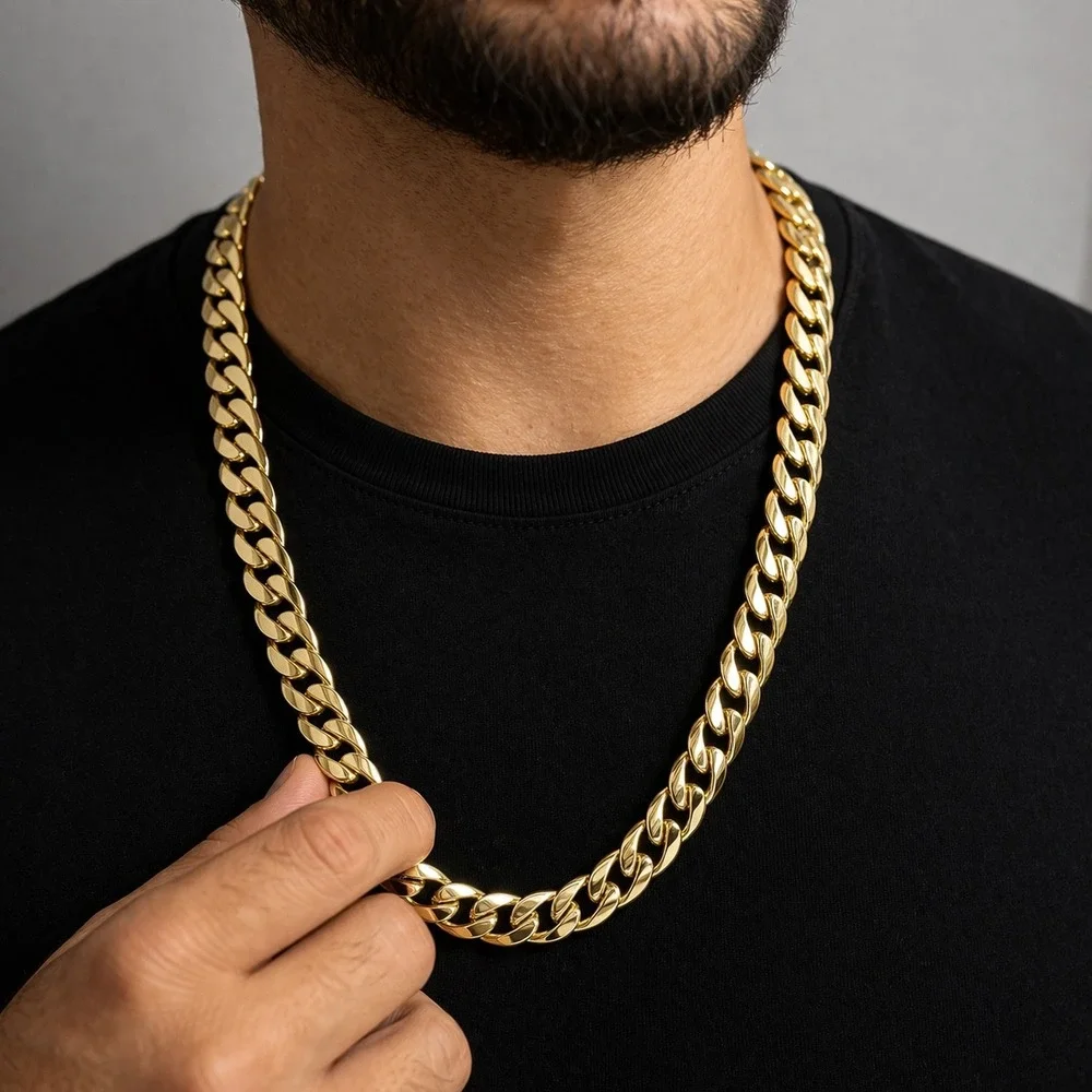 Necklace‎ Gold Tone Curb Link Chain Heavy Bold Mens Jewelry 16 Inch 12mm